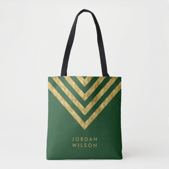 Elegant Green Faux Gold Name Chevron Pattern Tote Bag (Front)
