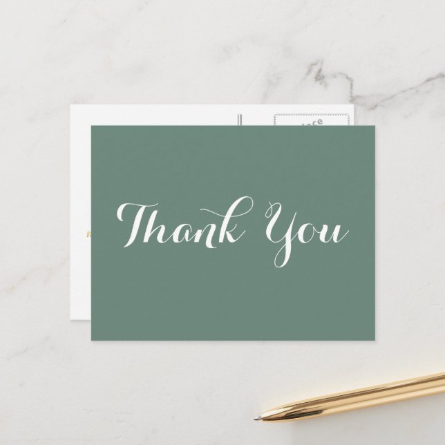 Elegant Green Faux Gold Script Wedding Thank You Postcard (Front/Back In Situ)
