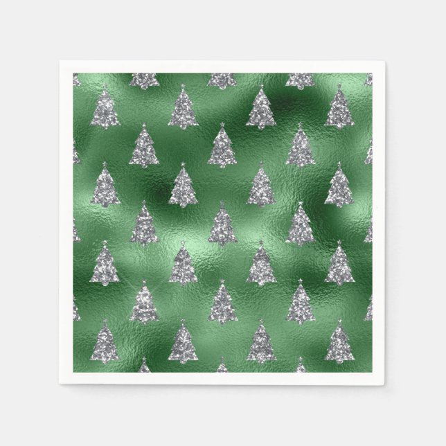 Elegant Green & Faux Silver Trees Christmas  Napkin (Front)