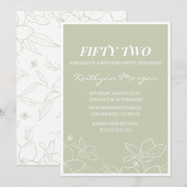 Elegant Green Floral 52nd birthday invitations   (Front/Back)