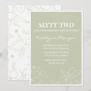 Elegant Green Floral 62nd birthday invitations  
