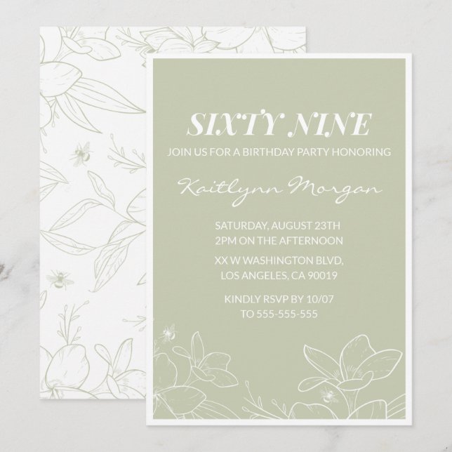 Elegant Green Floral 69th birthday invitations   (Front/Back)