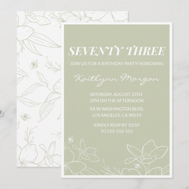 Elégant Green Floral 73e anniversaire invitations (Devant / Derrière)