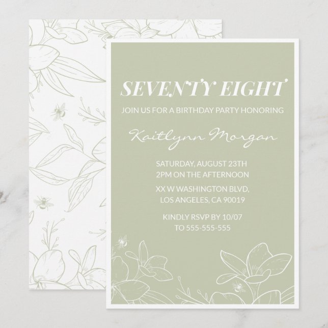 Elegant Green Floral 78th birthday invitations   (Front/Back)