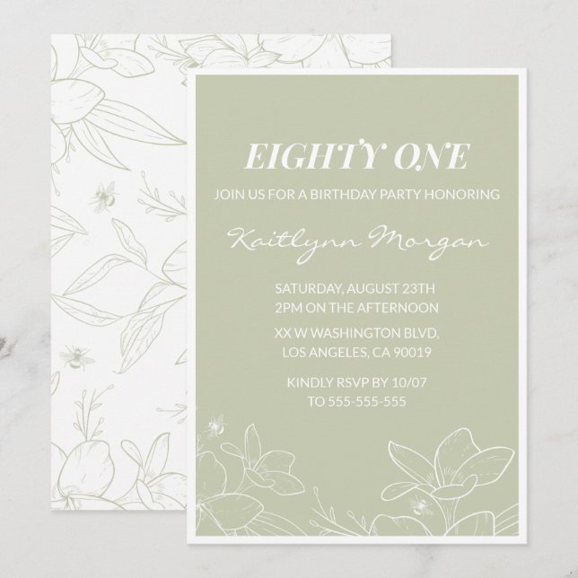 Elegant Green Floral 81st birthday invitations   (Front/Back)