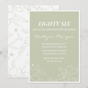 Elegant Green Floral 86th birthday invitations