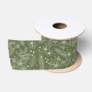 Elegant Green Floral Botanical Christmas Satin Ribbon