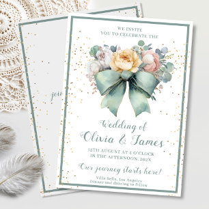 Elegant Green Floral Bow Wedding Invitation