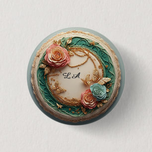 Elegant Green Floral Frame With Pink Roses 1 Inch Round Button