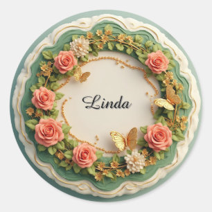 Elegant Green Floral Frame With Pink Roses Classic Round Sticker
