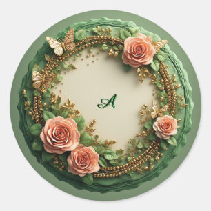 Elegant Green Floral Frame With Pink Roses Classic Round Sticker