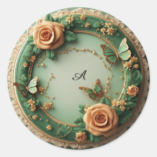 Elegant Green Floral Frame With Pink Roses Classic Round Sticker