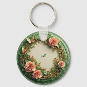 Elegant Green Floral Frame With Pink Roses Keychain