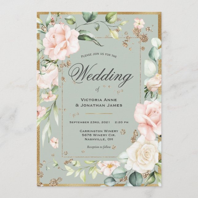 Elegant Green Floral Gold Rustic Wedding Invitation (Front)