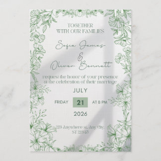 Elegant Green Floral Line Art Wedding Invitation 