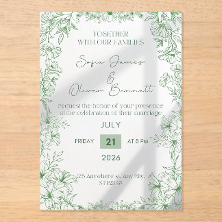Elegant Green Floral Line Art Wedding Invitation 