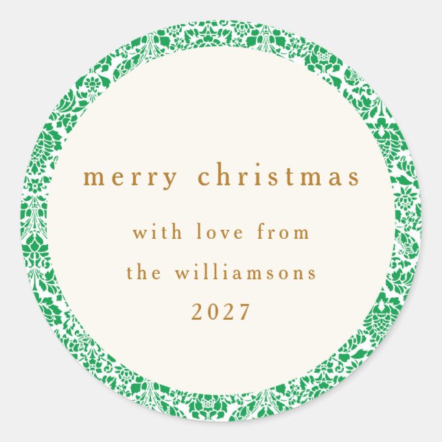 Elegant Green Floral Merry Christmas Personalized Classic Round Sticker (Front)