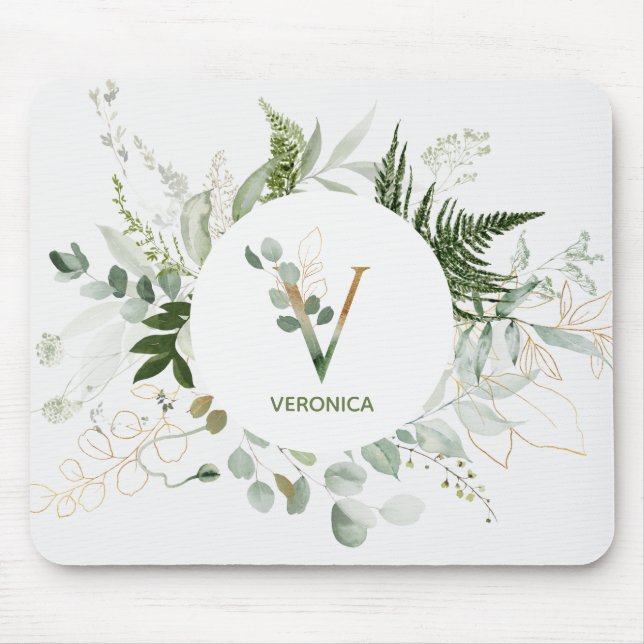 Elegant Green Floral Monogram Letter V Mouse Pad (Front)