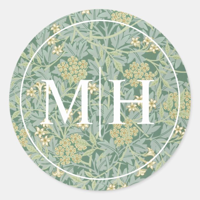 Elegant Green Floral Monogram Wedding Classic Round Sticker (Front)