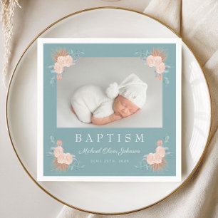 Elegant Green Floral Photo Baptism Napkin