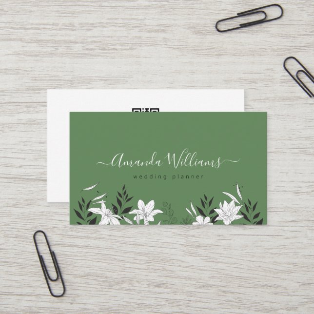 Elegant Green Floral QR Code Business Card (Front/Back In Situ)