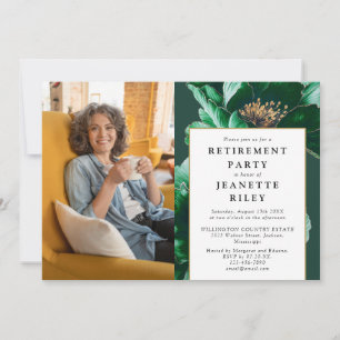 Elegant Green Floral Retirement Party Photo Invitation