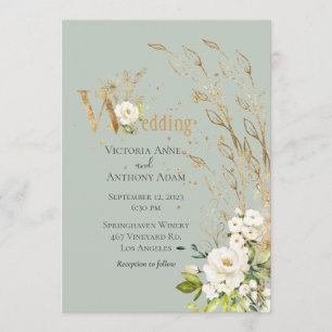 Elegant Green Floral Rustic Script Wedding Invitation