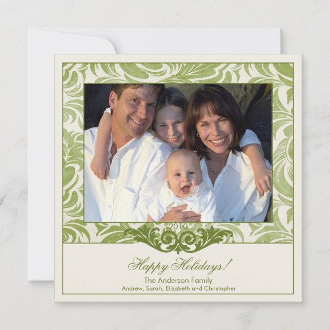 Elegant Green Flourish Christmas Photo Card (Front)