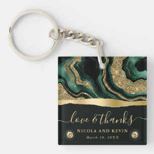 Elegant Green Foil and Gold Glitter Agate Wedding Keychain