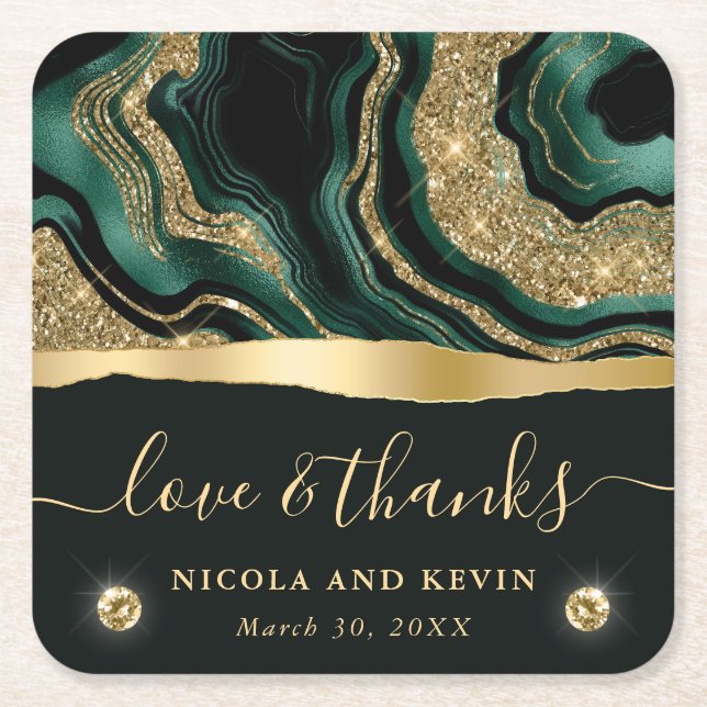 Elegant Green  Foil and Gold Glitter Agate Wedding Square Paper Coaster (Front)