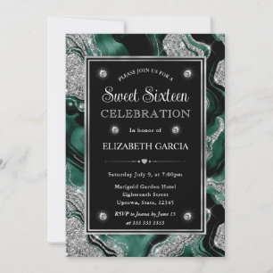 Elegant green Foil & Silver Glitter Agate Sweet 16 Invitation