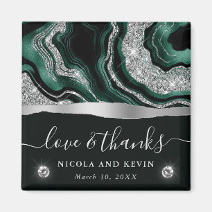 Elegant Green Foil & Silver Glitter Agate Wedding Magnet