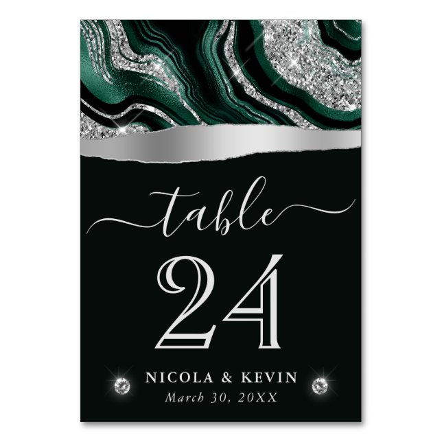 Elegant Green Foil & Silver Glitter Agate Wedding Table Number (Front)