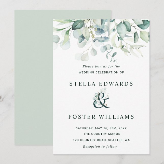 Elegant Green Foliage Ampersand Wedding Invitation (Front/Back)