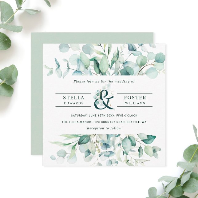 Elegant Green Foliage Ampersand Wedding Square Invitation (Creator Uploaded)