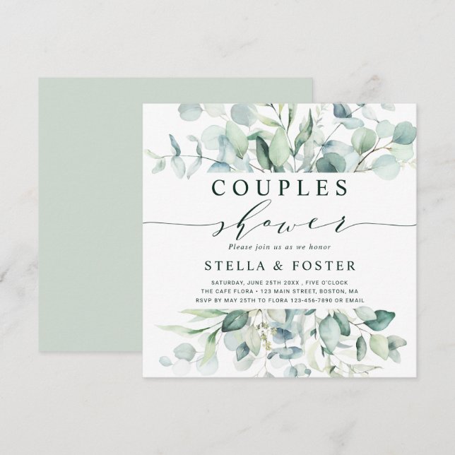 Elegant Green Foliage Couples Shower Square Invitation (Front/Back)