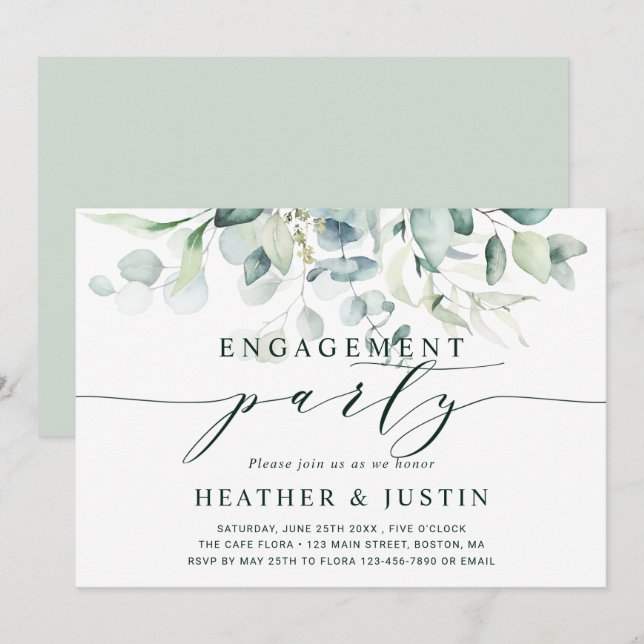 Elegant Green Foliage Engagement Party Invitation (Front/Back)