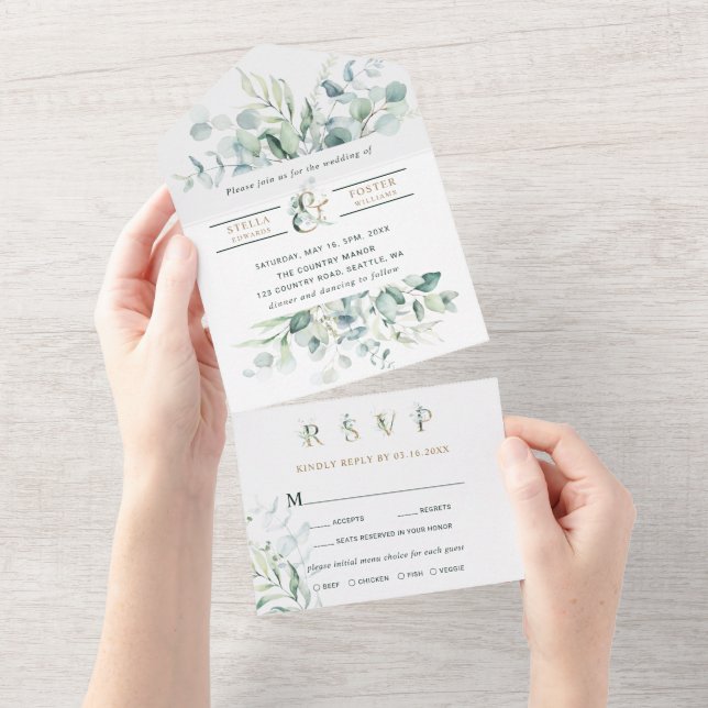 Elegant Green Foliage Gold Ampersand Wedding All In One Invitation (Tearaway)