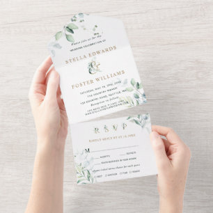 Elegant Green Foliage Gold Ampersand Wedding All In One Invitation