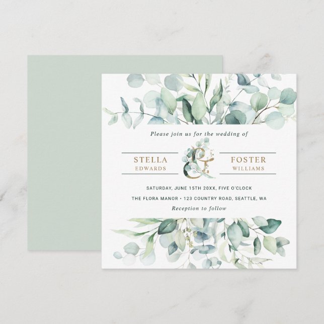 Elegant Green Foliage Gold Ampersand Wedding Invitation (Front/Back)