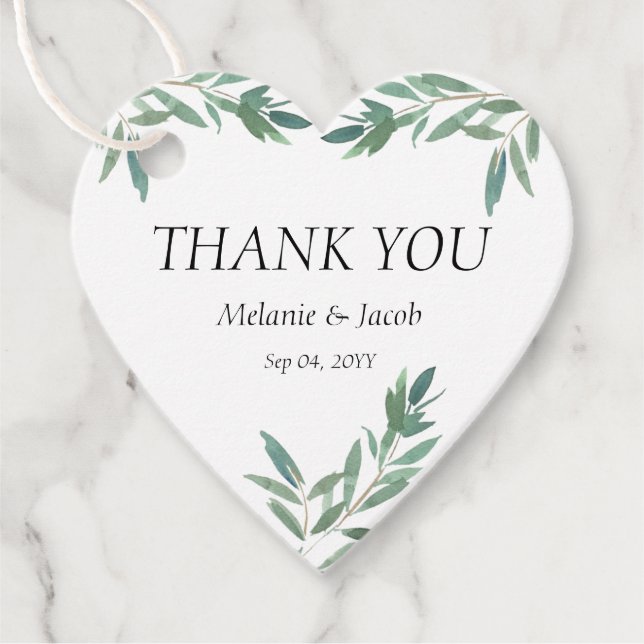 Elegant Green Foliage Heart Favour Tags (Front)