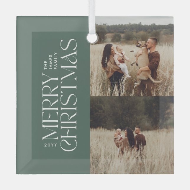 Elegant green foliage modern minimal photo glass ornament (Front)