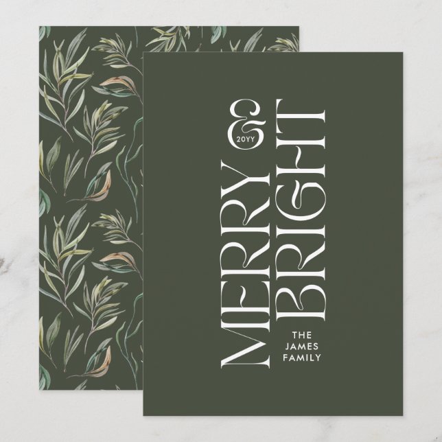 Elegant green foliage modern minimal typography holiday card (Front/Back)