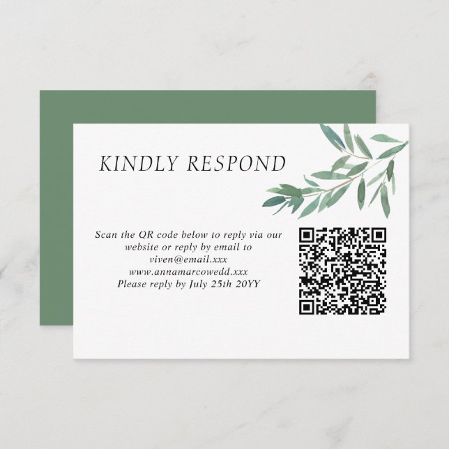 Elegant green Foliage QR Code RSVP Card (Front/Back)