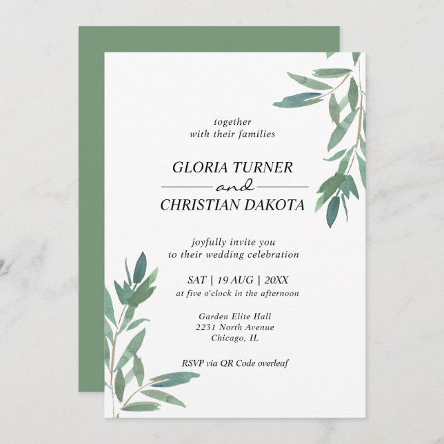 Elegant Green Foliage QR Code Wedding Invitation (Front/Back)