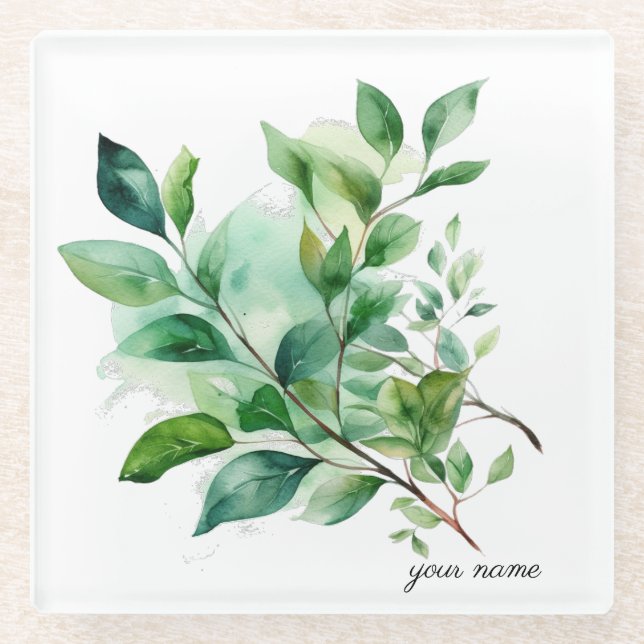 Elegant Green Foliage Watercolor, custom Glass Coaster (Front)