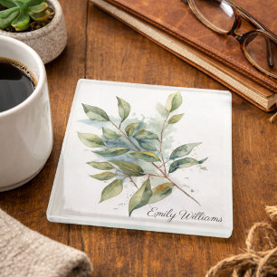 Elegant Green Foliage Watercolor, custom Glass Coaster