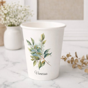 Elegant Green Foliage Watercolor, custom Paper Cups