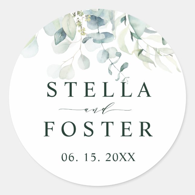 Elegant Green Foliage Wedding Classic Round Sticker (Front)