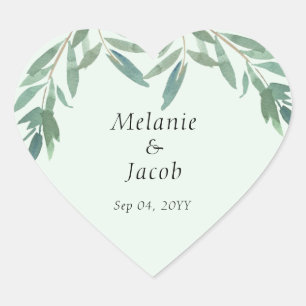 Elegant Green Foliage Wedding Heart Sticker